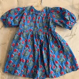 Pink Chicken- Girls Evelyn Dress- Blue Dandelions